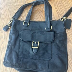 Fossil Black Leather Tote with Front Buckle Pocket